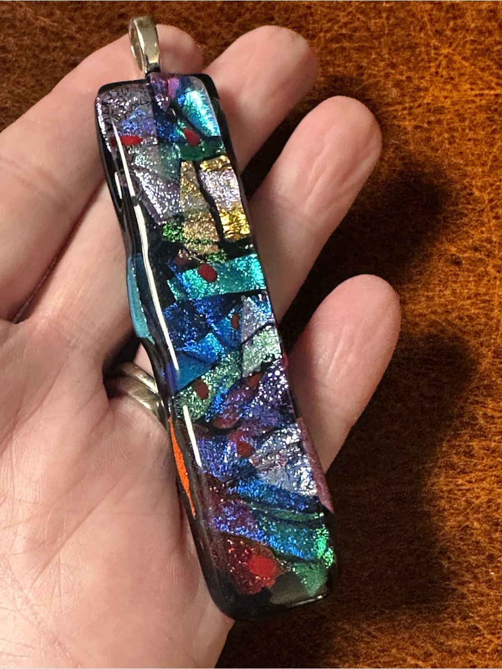 Dichroic glass multi color rectangular signed pendant